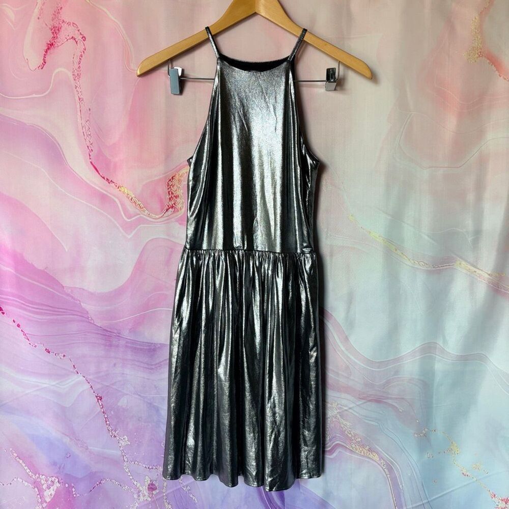 AQUA S Metallic Silver Chrome Dress NWT Glam Preppy Punk Galactic Edgy Cocktail